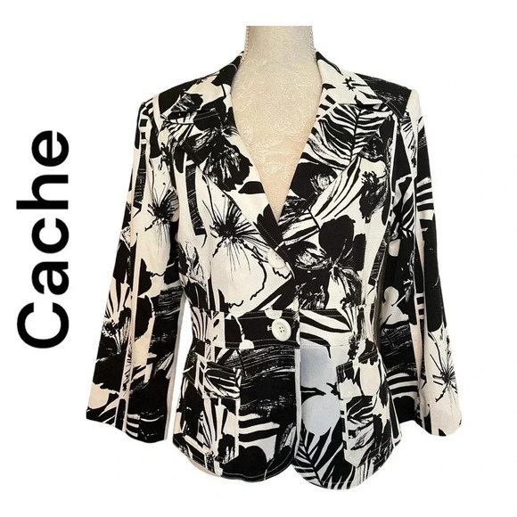 Cache Black‎ & White Abstract Print Blazer Size 10 - Picture 1 of 10